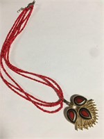 Red Bead Necklace, Sarah Coventry Pendant