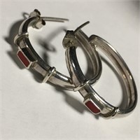 Pair Of Sterling Silver & Red Hoop Earrings