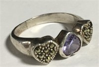 Sterling, Marcasite & Purple Stone Heart Ring