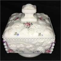 Hand Painted Milk Glass Covered Footed Jar