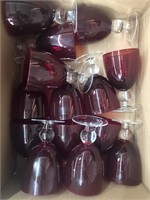 Box of deep red glassware