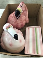Box of flamingo & 4 plates