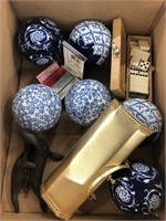 Box of decorative spheres, bronze, purse,