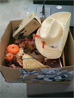 Box of fall decorations ans wreath