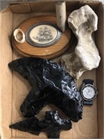 Box of obsidian, watch & fossils
