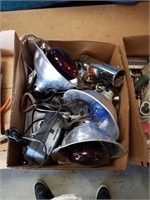 Box of drop lights and garage items