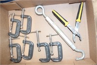 6 sm C clamps, pliers