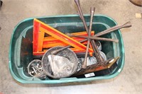 bin with slow moving signs, tire wrenches, bolts,