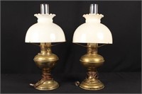 Two Antique Brass Lamps with Milkglass Shades