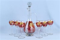 Bohemian Cranberry and Enameled Decanter & Stems