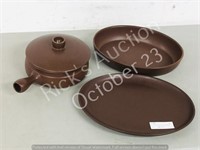 Brown stone ware pcs  - pot w/ lid, tray & bowl