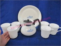 corning ware 6 cup coffee pot -pie plate -6 mugs