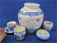 blue & white asian ginger jar & 4 candle holders