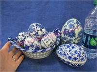 blue & white asian eggs & bowl