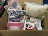 box of knitting & crafts items & fabric