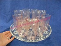 pink depression glasses (2 sizes) on glass platter