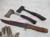 2 hatchets & large handmade knife