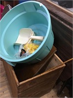 plastic feed bucket, scoop, wood box.lid, insulato