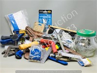 various tools, level, hammer head, pliers,