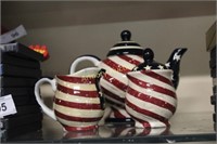 RED/ WHITE/ BLUE TEAPOT WITH SUGAR AND CREAMER