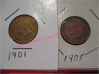 2pc lot: 1901 & 1908 indian head pennies