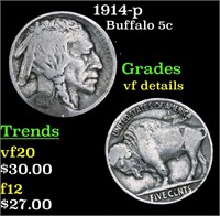 1914-p Buffalo Nickel 5c Grades vf details