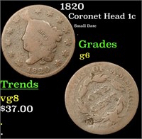 1820 Coronet Head Large Cent 1c Grades g+