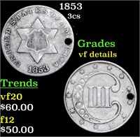 1853 Three Cent Silver 3cs Grades vf details