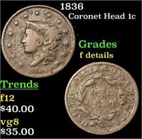 1836 Coronet Head Large Cent 1c Grades f details