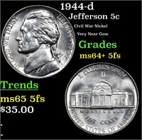 1944-d Jefferson Nickel 5c Grades Choice Unc+ 5fs