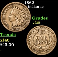 1862 Indian Cent 1c Grades vf++