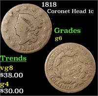 1818 Coronet Head Large Cent 1c Grades g+