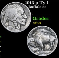 1913-p Ty I Buffalo Nickel 5c Grades vf++
