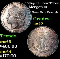 1885-p Rainbow Toned Morgan Dollar $1 Grades GEM U