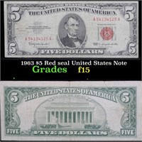 1963 $5 Red seal United States Note . . Grades f+