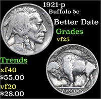 1921-p Buffalo Nickel 5c Grades vf+