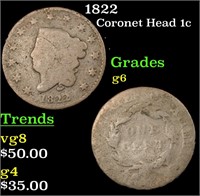 1822 Coronet Head Large Cent 1c Grades g+
