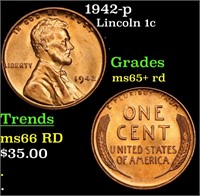1942-p Lincoln Cent 1c Grades Gem+ Unc RD