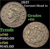 1827 Coronet Head Large Cent 1c Grades vf+