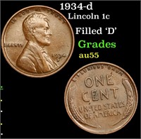 1934-d Lincoln Cent 1c Grades Choice AU
