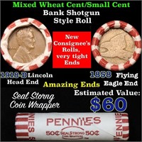 Mixed small cents 1c orig shotgun roll, 1858 Flyin