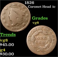 1826 Coronet Head Large Cent 1c Grades vg, very go
