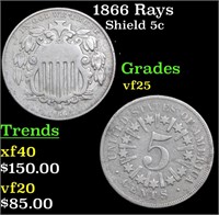1866 Rays Shield Nickel 5c Grades vf+