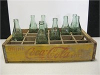 Vtg Coca-Cola Bottle Crate & 8 City Marked Bottles
