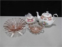 Royal Albert Porcelain Teapot & Sugar & Pink Glass
