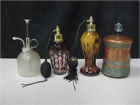 2 Perfume Atomizers, Mister, Wood Lidded Container