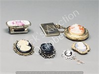 assorted brooches w/ cameos