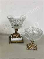 2 crystal bowls w/ brass pedestals