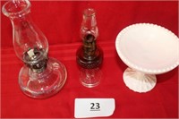 2 Small oil lamps & White stem dish