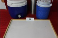 2 gal & 1 gal water cookers, thermos & lap tray